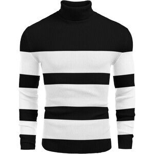 Coofandy whiteblackMenRibbed Slim Fit Knitted Pullover Casual Turtleneck Sweater